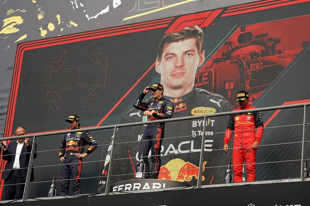 FORMULA 1 ROLEX BELGIAN GRAND PRIX 2022 28 08 2022, Circuit de Spa Francorchamps, Spa Franchorchamps, FORMULA 1 ROLEX BELGIAN GRAND PRIX 2022 , in picture podium winner Max Verstappen NEL , Oracle Red Bull Racing, 2nd place for Sergio Perez MEX , Oracle Red Bull Racing, 3rd place for Carlos Sainz Jr ESP , Scuderia Ferrari nordphotoxGmbHx xBratic nph00250