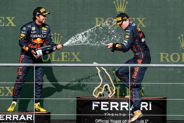 Oracle Red Bull Racing Mexican rider Sergio Perez and Oracle Red Bull Racing Dutch rider Max Verstappen celebrate after the F1 Grand Prix of Belgium auto race, in Spa-Francorchamps, Sunday 28 August 2022. The Spa-Francorchamps Formula One Grand Prix takes place this weekend, from August 26th to August 28th. JONASxROOSENS  x41403623x