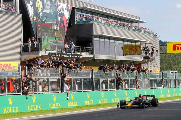 FORMULA 1 ROLEX BELGIAN GRAND PRIX 2022 28 08 2022, Circuit de Spa Francorchamps, Spa Franchorchamps, FORMULA 1 ROLEX BELGIAN GRAND PRIX 2022 , in the picture finish of winner Max Verstappen NEL , Oracle Red Bull Racing nordphotoxGmbHx xBratic nph00250