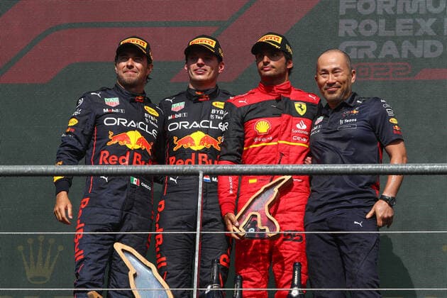 Formula 1 Rolex Belgian Grand Prix 2022 Max Verstappen of Holland driving the (1) Oracle Red Bull Racing RB18 Red Bull RBPTH001, Sergio Perez of Mexico driving the (11) Oracle Red Bull Racing RB18 Red Bull RBPTH001, Carlos Sainz Jr. of Spain driving the (55) Scuderia Ferrari F1-75 Ferrari 066 7 on the podium during the F1 Rolex Belgian Grand Prix 2022 on August 28th, 2022 in Spa-Francorchamps, Belgium. Spa Belgium Belgium  Copyright: xAlessioxMorgesex originalFilename:morgese-f1rolexb220828_np2Rk.jpg