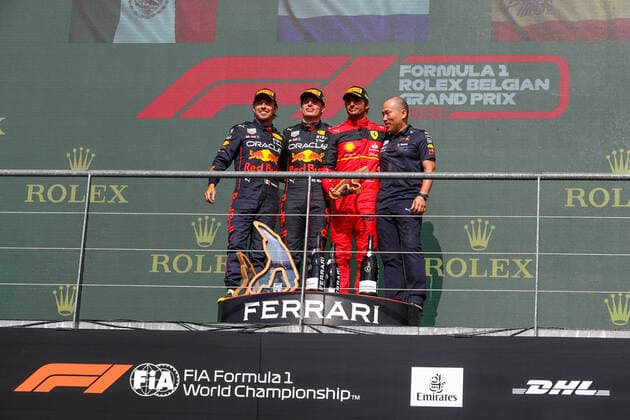 Formula 1 Rolex Belgian Grand Prix 2022 Max Verstappen of Holland driving the (1) Oracle Red Bull Racing RB18 Red Bull RBPTH001, Sergio Perez of Mexico driving the (11) Oracle Red Bull Racing RB18 Red Bull RBPTH001, Carlos Sainz Jr. of Spain driving the (55) Scuderia Ferrari F1-75 Ferrari 066 7 on the podium during the F1 Rolex Belgian Grand Prix 2022 on August 28th, 2022 in Spa-Francorchamps, Belgium. Spa Belgium Belgium  Copyright: xAlessioxMorgesex originalFilename:morgese-f1rolexb220828_npRnY.jpg