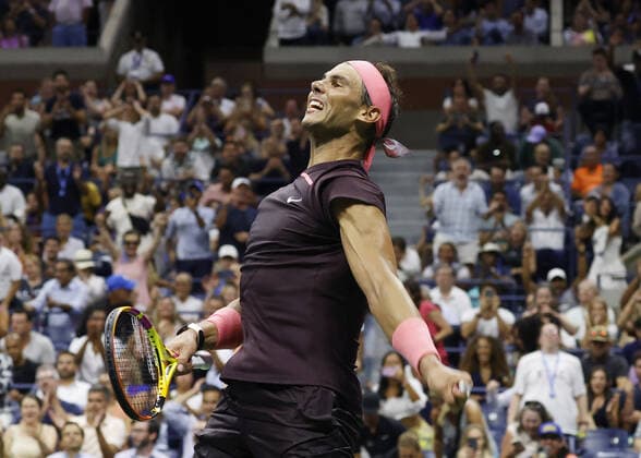 Sport Bilder des Tages Rafael Nadal of Spain celebrates after match point defeating Rinky Hijikata of Australia in 4 sets in Arthur Ashe Stadium Stadium in the first round at the 2022 US Open Tennis Championships at the USTA Billie Jean King National Tennis Center on Tuesday, August 30, 2022 in New York City.  NYP20220830141 JOHNxANGELILLO