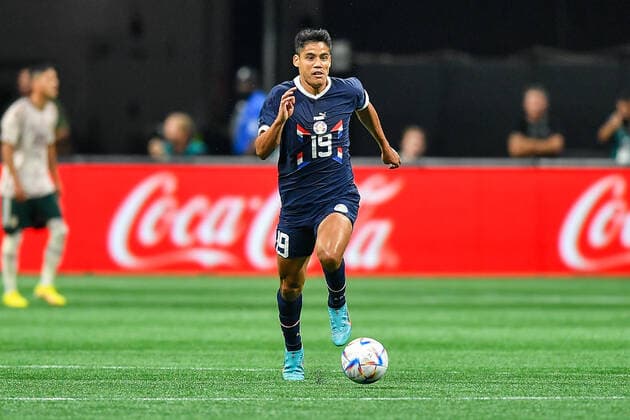 ATLANTA, GA Ã AUGUST 31: Paraguay midfielder Lorenzo Melgarejo (19) moves with the ball during the International Friendly, LÃ¤nderspiel, Nationalmannschaft match between Paraguay and Mexico on August 31st, 2022 at Mercedes-Benz Stadium in Atlanta, GA. (Photo by Rich von Biberstein Icon Sportswire) SOCCER: AUG 31 Mexico v Paraguay Icon210831030