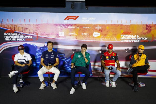 TSUNODA Yuki (jap), Scuderia AlphaTauri AT03, ALBON Alexander (tha), Williams Racing FW44, STROLL Lance (can), Aston Martin F1 Team AMR22, SAINZ Carlos (spa), Scuderia Ferrari F1-75, NORRIS Lando (gbr), McLaren F1 Team MCL36, portrait, press conference, PK, Pressekonferenz during the Formula 1 Heineken Dutch Grand Prix 2022, 15th round of the 2022 FIA Formula One World Championship, WM, Weltmeisterschaft from September 2 to 4, 2022 on the Zandvoort Circuit, in Netherlands, Belgium - F1 - DUTCH GRAND PRIX 2022 DPPI Panoramic 00122035__V2_3642.JPG_