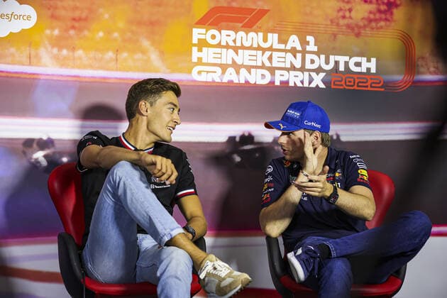 RUSSELL George (gbr), Mercedes AMG F1 Team W13, VERSTAPPEN Max (ned), Red Bull Racing RB18, portrait, press conference, PK, Pressekonferenz during the Formula 1 Heineken Dutch Grand Prix 2022, 15th round of the 2022 FIA Formula One World Championship, WM, Weltmeisterschaft from September 2 to 4, 2022 on the Zandvoort Circuit, in Netherlands, Belgium - F1 - DUTCH GRAND PRIX 2022 DPPI Panoramic 00122035_AV6_4686.JPG_