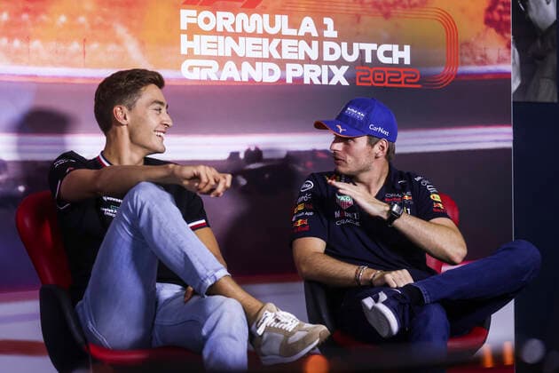 September 1, 2022, Zandvoort, Netherlands: September 1, 2022, Zandvoort, Netherlands: MAX VERSTAPPEN of Red Bull Racing and GEORGE RUSSELL of Mercedes during the Formula 1 Dutch Grand Prix Media Day at Circuit Zandvoort on September 1, 2022 in Zandvoort, Netherlands. Zandvoort Netherlands - ZUMAz156 20220901_zip_z156_024 Copyright: xBeataxZawrzelx