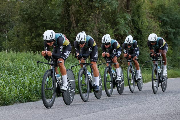 Efrem Araya, Kevin Bonaldo, Mattia Guasco, Jacopo Menegotto, Raffaele Mosca TEAM QHUBEKA during Giro del Fiuli Venezia Giulia U23 - 1 stage team time trial, Street Cycling in Lavariano, Italy, September 01 2022  Copyright: xLucaxTedeschix xipa-agency.netx xLivexMediax 0