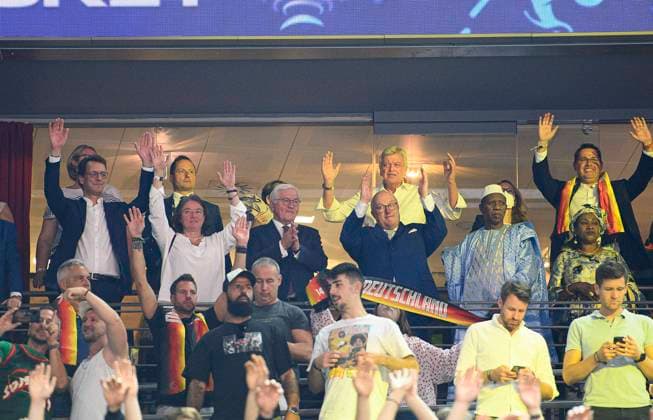 The honorary stand celebrates with v r Hamane NIANG FIBA President, President , Volker BOUFFIER former Prime Minister of Hesse , Ingo WEIS GER DBB President , German President Frank Walter STEINMEIER GER and Hendrik WUEST l Wüst CDU NRW Prime Minister with wives, France FRA Germany GER 63 76, preliminary round Group B, on 01 09 2022 in Cologne Basketb all European Championship EuroBasket 2022 in Germany, from 01 09 18 09 2022 Â