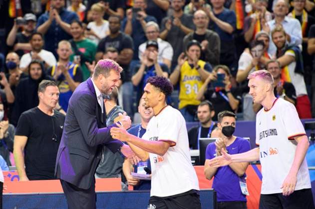 Dirk NOWITZKI l GER with Maodo LO GER and Niels GIFFEY r GER Solemn Shirt Ceremony with Dirk Nowitzki, France FRA Germany GER , Preliminary Round Group B, on 01 09 2022 in Cologne Basketball European Championship EuroBasket 2022 in Germany, from 01 09 18 09 2022 Â