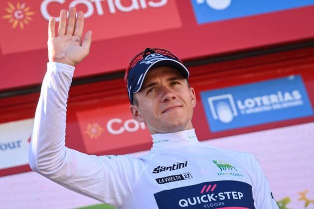Belgian Remco Evenepoel of Quick-Step Alpha Vinyl celebrates on the podium in the white jersey for best young rider after stage 13 of the 2022 edition of the Vuelta a Espana , Tour of Spain cycling race, from Ronda to Montilla (168,4 km), Spain, Friday 02 September 2022. DAVIDxPINTENS  x42256105x