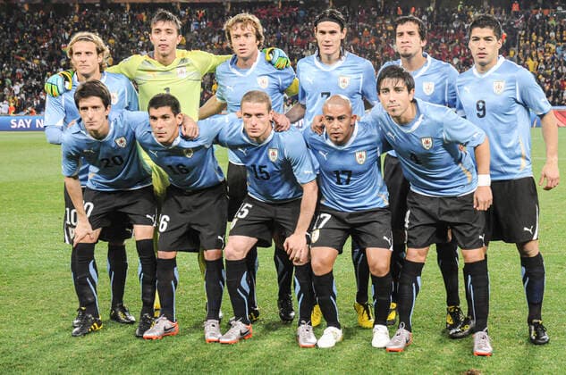 Sandro Pereyra 20100702SP 0199 Diego Forlan, Fernando Muslera, goalkeeper Diego Lugano, captain Edinson Cavani, Mauricio Victorino and Luis Suarez Alvaro Fernandez, Maximiliano Pereira, Diego Perez, Egidio Arevalo Rios and Jorge Fucile Uruguay starters before the match between Uruguay and Ghana in the round of 16 of the 2010 FIFA World Cup South Africa, on July 2, 2010 at Soccer City Stadium in Johannesburg Photo Sandro Pereyra, La Diaria, Agencia Gamba Headlines Fernando Muslera, goalkeeper of Uruguay Diego Lugano, captain of Uruguay Soccer City Stadium