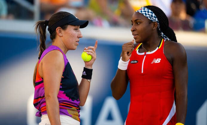 September 1, 2022, NEW YORK, UNITED STATES: Jessica Pegula of the United States & Coco Gauff of the United States playing doubles at the 2022 US Open Grand Slam tennis tournament NEW YORK UNITED STATES - ZUMAa181 20220901_zaa_a181_089 Copyright: xRobxPrangex