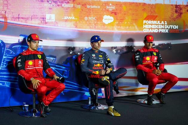 16 Charles Leclerc MCO, Scuderia Ferrari , 1 Max Verstappen NLD, Oracle Red Bull Racing , 55 Carlos Sainz ESP, Scuderia Ferrari , F1 Grand Prix of the Netherlands at Circuit Zandvoort on September 3, 2022 in Zandvoort, Netherlands Photo by HOCH ZWEI Zandvoort Netherlands
