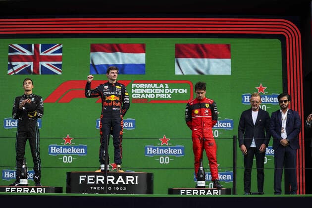 Podium, RUSSELL George (gbr), Mercedes AMG F1 Team W13, VERSTAPPEN Max (ned), Red Bull Racing RB18, LECLERC Charles (mco), Scuderia Ferrari F1-75, BEN SULAYEM Mohammed (uae), President of the FIA, portrait during the Formula 1 Heineken Dutch Grand Prix 2022, 15th round of the 2022 FIA Formula One World Championship, WM, Weltmeisterschaft from September 2 to 4, 2022 on the Zandvoort Circuit, in Netherlands, Belgium - F1 - DUTCH GRAND PRIX 2022 - RACE DPPI Panoramic 00122036_2R6_1085.JPG_