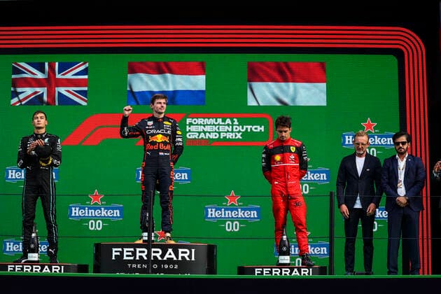 63 George Russell GBR, Mercedes AMG Petronas F1 Team , 1 Max Verstappen NLD, Oracle Red Bull Racing , 16 Charles Leclerc MCO, Scuderia Ferrari , F1 Grand Prix of the Netherlands at Circuit Zandvoort on September 4, 2022 in Zandvoort, Netherlands Photo by HOCH ZWEI Zandvoort Netherlands