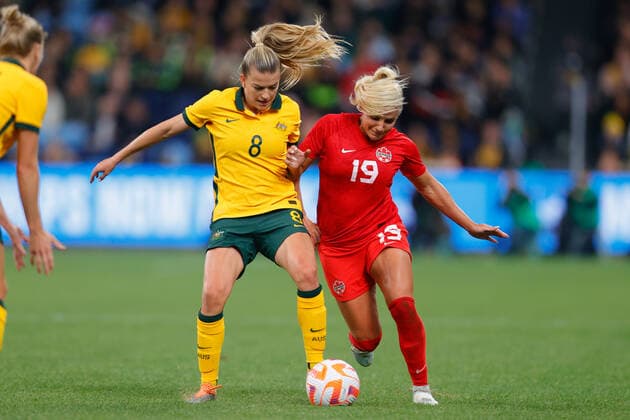 Charlotte Grant of Matildas and Adriana Leon of Canada contest for the ball during the Women s Friendly match between CommBank Matildas (Australia Women) and Canada Women at Allianz Stadium, Sydney, Australia on 6 September 2022. Copyright: xPeterxDovganx 33080033