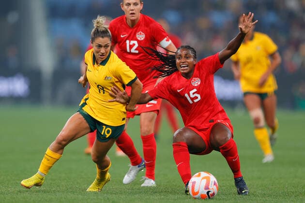 Katrina Gorry of Matildas and Nichelle Prince of Canada fight for the ball during the Women s Friendly match between CommBank Matildas (Australia Women) and Canada Women at Allianz Stadium, Sydney, Australia on 6 September 2022. Copyright: xPeterxDovganx 33080019