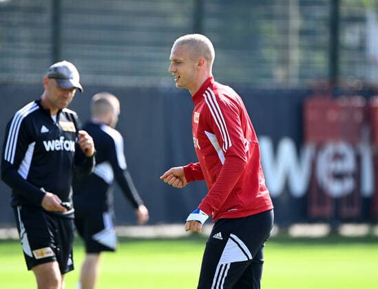 Football, men, season 2022 2023, Europa League, 1 FC Union Berlin, final training before the Europa League match 1 FC Union Berlin Royale Union Saint Gilloise, f l Co coach Markus Hoffmann 1 FC Union , Timo Baumgartl 1 FC Union Berlin , 07 09 2022, Copyright: xMatthiasxKochx