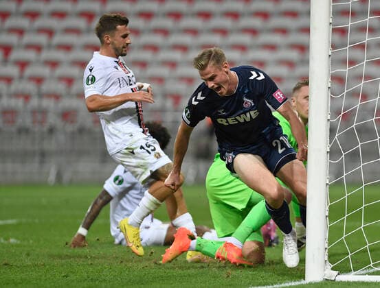 08 09 2022, Nice, France, Allianz Riviera, OGC Nice vs 1 FC Koeln UEFA Europa Conference League 2022 2023 Group D, Steffen Tigges 1 FC Koeln goal celebration, cheers after his goal to 0 1 Photo Ralf Treese Nice Allianz Riviera France  521_NIZKOE20220908_028 Treese-521