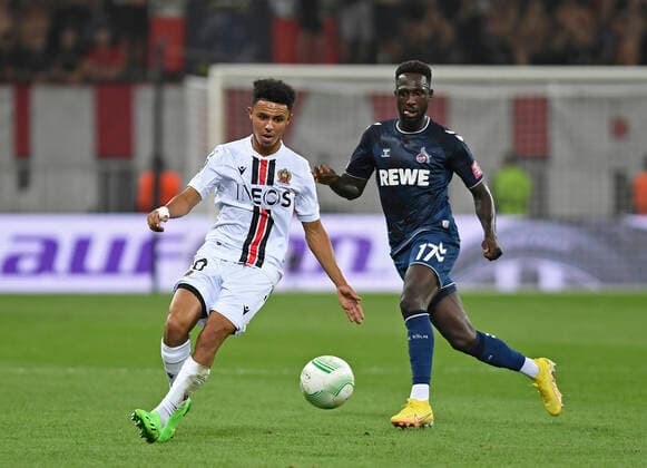 08 09 2022, Nice, France, Allianz Riviera, OGC Nice vs 1 FC Koeln UEFA Europa Conference League 2022 2023 Group D, Sofiane Diop OGC Nice and Kingsley Schindler 1 FC Koeln in a duel Photo Ralf Treese Nice Allianz Riviera France  521_NIZKOE20220908_030 Treese-521