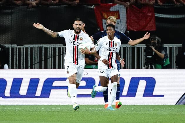 Joie - Andy Delort (OGC Nice) - Hicham Boudaoui (OGC Nice) FOOTBALL : OGC Nice vs FC Cologne - Ligue Europa ConfÃ rence - Nice - 08 09 2022 NorbertScanella Panoramic 