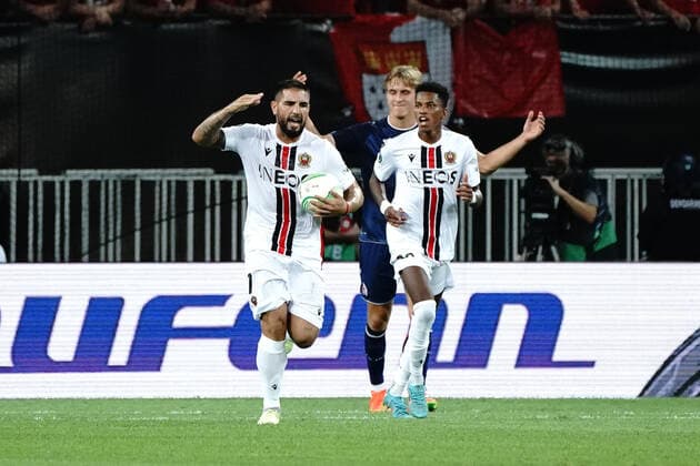 Joie - Andy Delort (OGC Nice) - Hicham Boudaoui (OGC Nice) FOOTBALL : OGC Nice vs FC Cologne - Ligue Europa ConfÃ rence - Nice - 08 09 2022 NorbertScanella Panoramic 