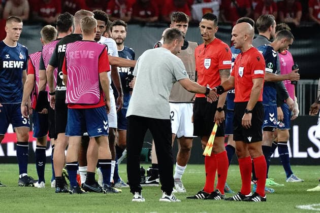 Steffen Baumgart (Entraineur de FC Cologne) - Louis Godinho (arbitre) FOOTBALL : OGC Nice vs FC Cologne - Ligue Europa ConfÃ rence - Nice - 08 09 2022 NorbertScanella Panoramic 