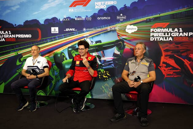 TOST Franz (aut), Team Principal of Scuderia AlphaTauri, BINOTTO Mattia (ita), Managing Director of the Scuderia Ferrari, ISOLA Mario (ita), Motorsport Racing Manager of Pirelli, portrait, team principal press conference, PK, Pressekonferenz during the Formula 1 Pirelli Gran Premio d™Italia 2022, Italian Grand Prix 2022, 16th round of the 2022 FIA Formula One World Championship, WM, Weltmeisterschaft from September 9 to 11, 2022 on the Autodromo Nazionale di Monza, in Monza, Italy - F1 - ITALIAN GRAND PRIX 2022 DPPI Panoramic PRCONF_MONZ_SAT_18
