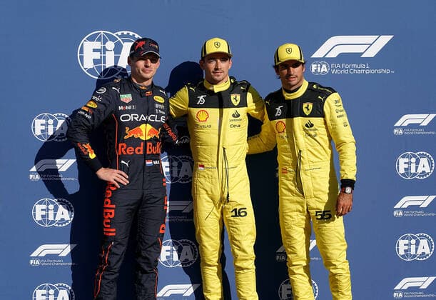 FORMULA 1 PIRELLI GRAN PREMIO D ITALIA 2022 10 09 2022, Autodromo Nazionale di Monza, Monza, FORMULA 1 PIRELLI GRAN PREMIO D ITALIA 2022 ,in the picture pole position for Charles Leclerc MCO , Scuderia Ferrari, 2 starting position for Max Verstappen NEL , Oracle Red Bull Racing, 3 starting position for Carlos Sainz Jr ESP , Scuderia Ferrari nordphotoxGmbHx xBratic nph00250