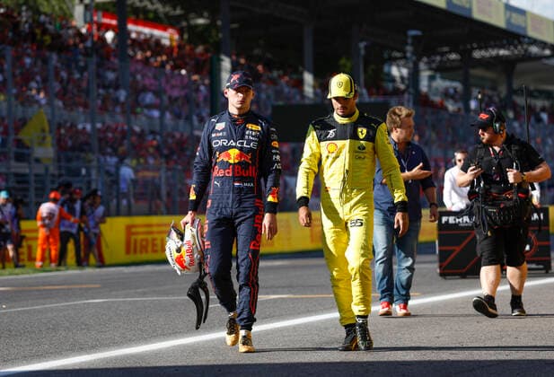 1 Max Verstappen NLD, Oracle Red Bull Racing , 55 Carlos Sainz ESP, Scuderia Ferrari , F1 Grand Prix of Italy at Autodromo Nazionale Monza on September 10, 2022 in Monza, Italy Photo by HOCH ZWEI Monza Italy