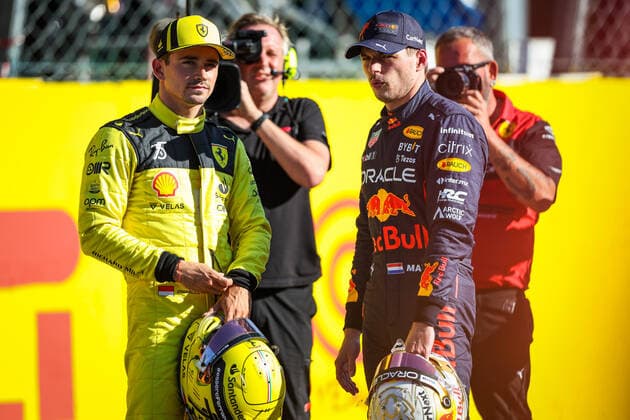 LECLERC Charles (mco), Scuderia Ferrari F1-75, VERSTAPPEN Max (ned), Red Bull Racing RB18, portrait during the Formula 1 Pirelli Gran Premio d™Italia 2022, Italian Grand Prix 2022, 16th round of the 2022 FIA Formula One World Championship, WM, Weltmeisterschaft from September 9 to 11, 2022 on the Autodromo Nazionale di Monza, in Monza, Italy - F1 - ITALIAN GRAND PRIX 2022 DPPI Panoramic 20220910_G00D9517