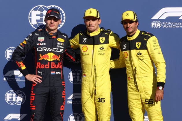 F1 Gran Prix of Italy Charles Leclerc of Scuderia Ferrari (C) , Max Verstappen of Red Bull Racing (L) and Carlos Sainz of Scuderia Ferrari (R) in the parc ferme after qualifying for the F1 Grand Prix of Italy. Monza Autodromo Nazionale Italy Copyright: xMarcoxCanonierox
