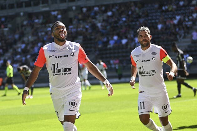 Fußball, SCO Angers - Montpellier joie des joueurs de Montpellier apres le but de Arnaud Nordin (Montpellier) FOOTBALL : Angers vs Montpellier - Ligue 1 Uber eats - 11 09 2022 JBAutissier Panoramic 