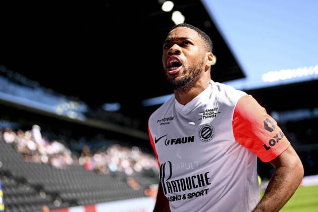Fußball, SCO Angers - Montpellier joie des joueurs de Montpellier apres le but de Arnaud Nordin (Montpellier) FOOTBALL : Angers vs Montpellier - Ligue 1 Uber eats - 11 09 2022 JBAutissier Panoramic 