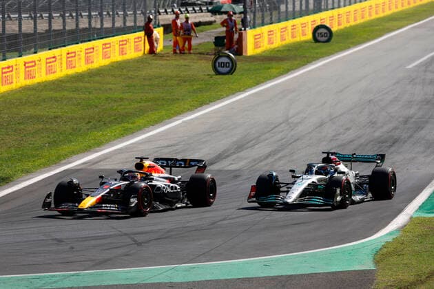 1 Max Verstappen NLD, Oracle Red Bull Racing , 63 George Russell GBR, Mercedes AMG Petronas F1 Team , F1 Grand Prix of Italy at Autodromo Nazionale Monza on September 11, 2022 in Monza, Italy Photo by HOCH ZWEI Monza Italy