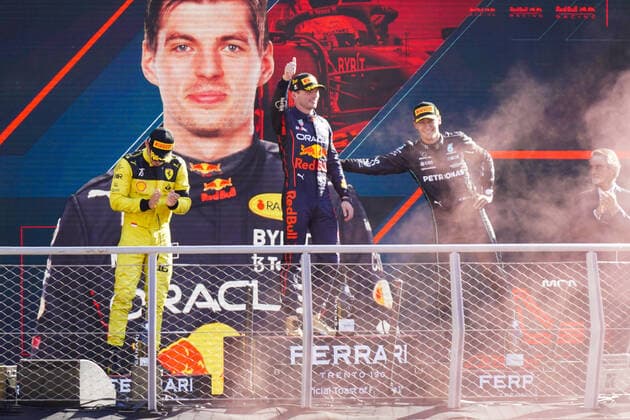 September 11, 2022, Monza, Italy: Monza, Italy, Autodromo Nazionale Monza, September 11, 2022, Max Verstappen driving the (1) Oracle Red Bull Racing RB18, Charles Leclerc driving the (16) Scuderia Ferrari F1-75 and George Russel driving the (63) Mercedes-AMG Petronas F1 Team W13 on the podium during 2022 Formula 1 Pirelli Gran Premio d Italia - Grand Prix of Italy - Race - Formula 1 Championship. Formula 1 Championship - 2022 Formula 1 Pirelli Gran Premio d Italia - Grand Prix of Italy - Race, Monza, Italy - ZUMAl164 20220911_zsa_l164_240 Copyright: xLucaxRossinix