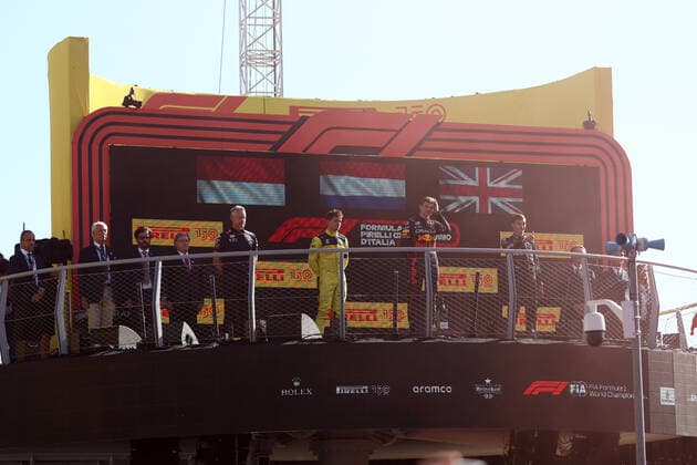 F1 Gran Prix of Italy Max Verstappen of Red Bull Racing , Charles Leclerc of Scuderia Ferrari and George Russell of Mercedes AMG Petronas F1 Team celebrate on the podium after the F1 Grand Prix of Italy, Monza Autodromo Nazionale Italy Copyright: xMarcoxCanonierox