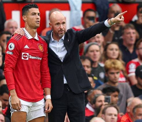 Mandatory Credit: Photo by Paul Currie Shutterstock (13360385fr) Cristiano Ronaldo of Manchester United, ManU and manager Erik ten Hag Manchester United v Arsenal, Premier League, Football, Old Trafford, Manchester, UK - 04 Sep 2022 EDITORIAL USE ONLY No use with unauthorised audio, video, data, fixture lists, club league logos or live services. Online in-match use limited to 120 images, no video emulation. No use in betting, games or single club league player publications. Manchester United v Arsenal, Premier League, Football, Old Trafford, Manchester, UK - 04 Sep 2022 EDITORIAL USE ONLY No use with unauthorised audio, video, data, fixture lists, club league logos or live services. Online in-match use limited to 120 images, no video emulation. No use in betting, games or single club league player publications.  Copyright: xPaulxCurrie Shutterstockx 13360385fr