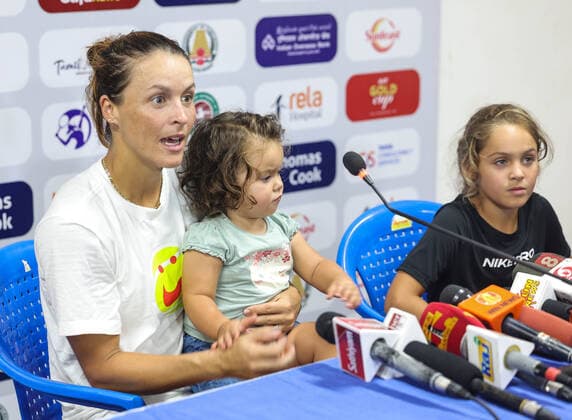 September 13, 2022, Chennai, Tamil Nadu, India: Chennai Open WTA, Tennis Damen 250 :.Ankita RAINA (IND) Vs Tatjana MARIA (GBR) Maria with her children during the press conference, PK, Pressekonferenz ..MARIA defeated Raina by 6-0 6-1 Chennai India - ZUMAs280 20220913_zsp_s280_022 Copyright: xSeshadrixSukumarx