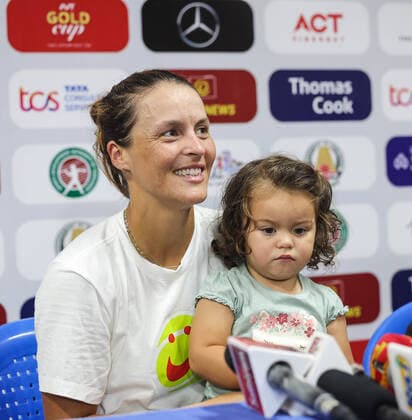 September 13, 2022, Chennai, Tamil Nadu, India: Chennai Open WTA, Tennis Damen 250 :.Ankita RAINA (IND) Vs Tatjana MARIA (GBR) Maria with her children during the press conference, PK, Pressekonferenz ..MARIA defeated Raina by 6-0 6-1 Chennai India - ZUMAs280 20220913_zsp_s280_024 Copyright: xSeshadrixSukumarx
