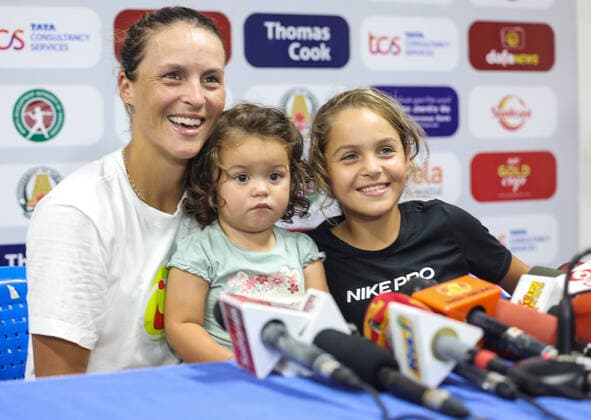 September 13, 2022, Chennai, Tamil Nadu, India: Chennai Open WTA, Tennis Damen 250 :.Ankita RAINA (IND) Vs Tatjana MARIA (GBR) Maria with her children during the press conference, PK, Pressekonferenz ..MARIA defeated Raina by 6-0 6-1 Chennai India - ZUMAs280 20220913_zsp_s280_027 Copyright: xSeshadrixSukumarx