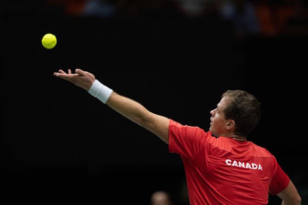 September 13, 2022, VALENCIA, VALENCIA, SPAIN: Vasek Pospisil of Canada in action against Seong Chan Hong of South Korea during the the Davis Cup by Rakuten 2022, Finals Group B, tennis match 1 played between South Korea and Canada at Fuente de San Luis pavilion on September 13, 2022, in Valencia, Spain. VALENCIA SPAIN - ZUMAa181 20220913_zaa_a181_045 Copyright: xOscarxJ.xBarrosox