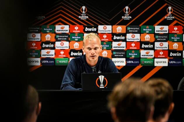 LEUVEN, BELGIUM - SEPTEMBER 14 : Geraerts Karel head coach of Union St-Gilloise pictured during a press conference, PK, Pressekonferenz prior to the UEFA Europa League match between Union St-Gilloise and Malmö FF at the King Power Stadium at den Dreef on September 14, 2022 in Leuven, Belgium, 14 09 2022 ( Union ST-Gilloise press conference. PhotoNews Panoramic 