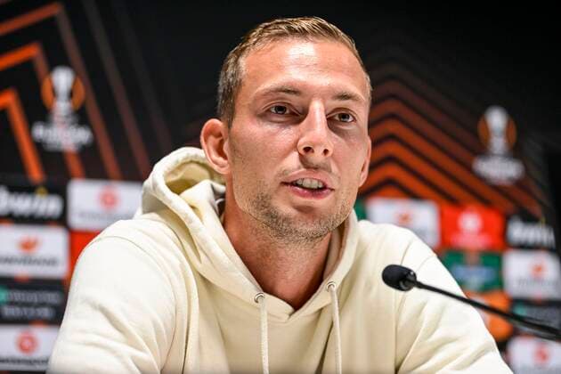 LEUVEN, BELGIUM - SEPTEMBER 14 : Gustaf Nilsson forward of Union St-Gilloise pictured during a press conference, PK, Pressekonferenz prior to the UEFA Europa League match between Union St-Gilloise and Malmö FF at the King Power Stadium at den Dreef on September 14, 2022 in Leuven, Belgium, 14 09 2022 ( Union ST-Gilloise press conference. PhotoNews Panoramic 