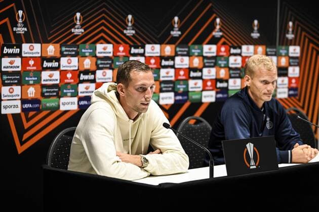 LEUVEN, BELGIUM - SEPTEMBER 14 : Gustaf Nilsson forward of Union St-Gilloise pictured during a press conference, PK, Pressekonferenz prior to the UEFA Europa League match between Union St-Gilloise and Malmö FF at the King Power Stadium at den Dreef on September 14, 2022 in Leuven, Belgium, 14 09 2022 ( Union ST-Gilloise press conference. PhotoNews Panoramic 