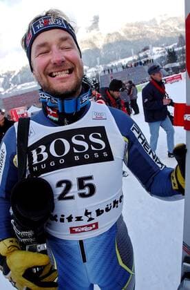 KITZBUEHEL 20030125 Kjetil Andre Aamodt of Norway smiles after placing third in a men s ski World Cup downhill race on the Streif slope in the Austrian ski resort of Kitzbuehel January 25, 2003. Daron Rahlves of the United States won in a time of one minute 9.63 seconds ahead of Didier Cuche of Switzerland and Aamodt. KITZBUEHEL Austria BILDER x20520x  Copyright: xTorxRichardsen TTx 20520