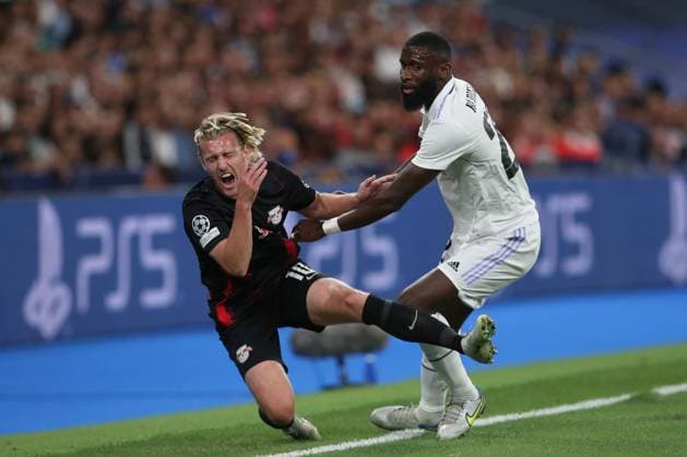 Sport Bilder des Tages Emil Forsberg and Antonio Rudiger during Real madrid vs RB Leipzig Champions League match on September 14, 2022 at Santiago Bernabeu Stadium in Madrid, Spain. Photo: Cesar Cebolla ALFAQUI Madrid Santiago Bernabeu Stadium Spain Copyright: xCesarxCebollax xALFAQUIx