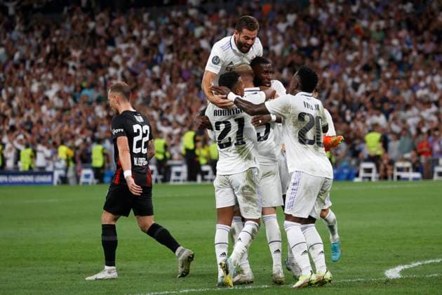 Federico Valverde celebrates goal during Real madrid vs RB Leipzig Champions League match on September 14, 2022 at Santiago Bernabeu Stadium in Madrid, Spain. Photo: Cesar Cebolla ALFAQUI Madrid Santiago Bernabeu Stadium Spain Copyright: xCesarxCebollax xALFAQUIx
