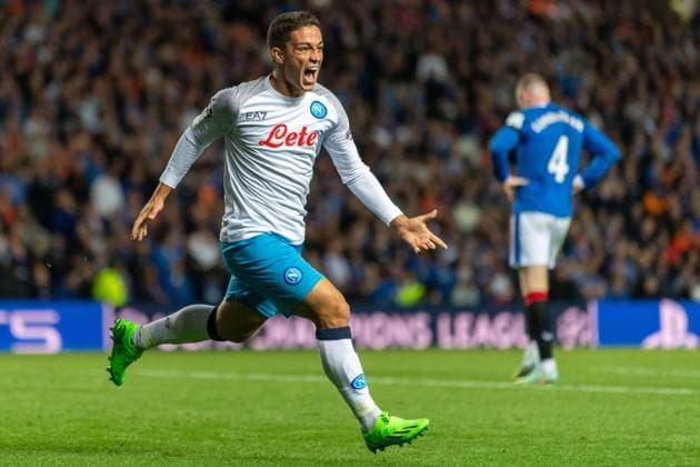 Glasgow Stadium Giacomo Raspadori of Napoli celebrates after scoring a goal (2-0) during a match between Rangers and Napoli at Ibrox Stadium in Glasgow, Scotland, valid for the UEFA Champions League (Group A). ((6257) SPP)  Copyright: x(6257)x xSPPx spp-en-6-rmc140922-5157