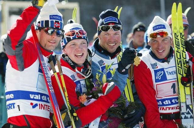 VAL DI FIEMME 20030225 Norway s Thomas Alsgaard, Tore Ruud Hofstad, Frode Estil and Anders Aukland won the Men s 4 x 10km relay at the Nordic Skiing World Championships in Val di Fiemme February 25, 2003. PHOTO: Erik Johansen SCANPIX CODE 20520-403 ***Skid-VM-paketet. BETALBILD t.o.m. 20030303, därefter fritt för abonnemangstidningar*** VAL DI FIEMME Italy BILDER x20520x  Copyright: xErikxJohansenx xTTx 20520